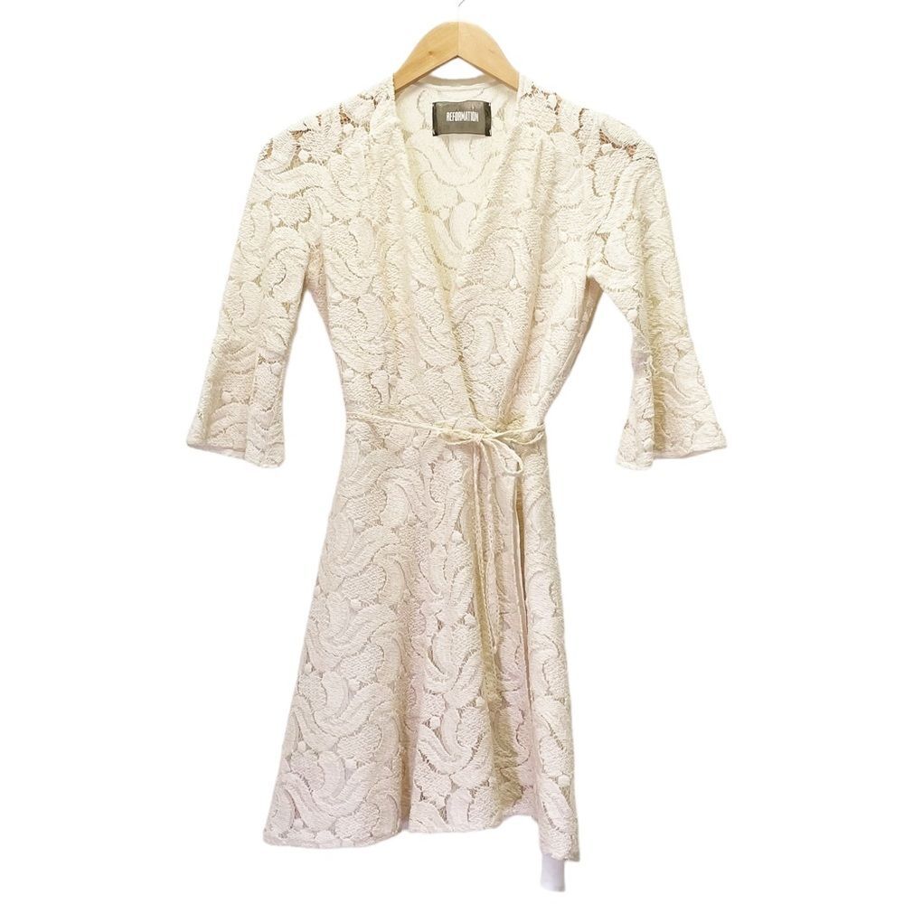 Reformation Lianne Crochet Lace Wrap Bell Sleeve Mini Dress Ivory Cream Size 2